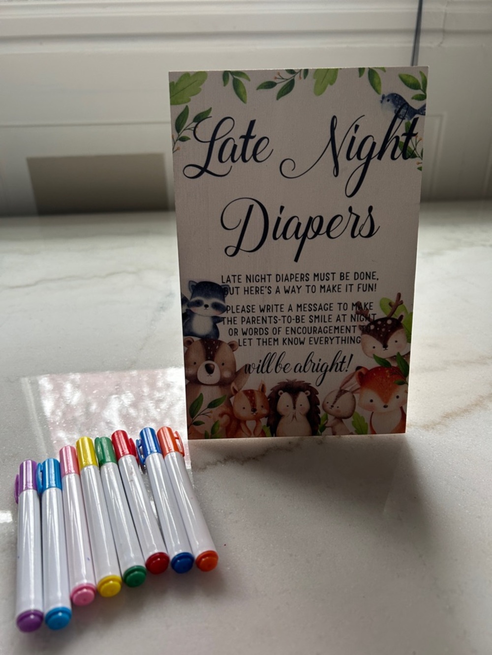 Late Night Diapers Message Sign with Fabric markers- Cute Woodland Design
